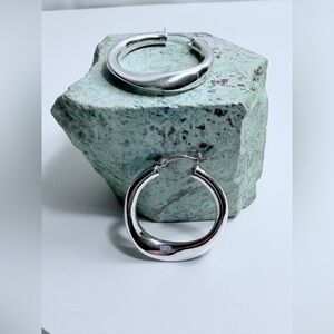 Vintage Sterling Silver Polished Medium Puffy Lopsided Hoop Earrings